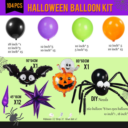 Halloween Balloon Garland Arch Kit 100+pcs Orange and Black Purple green balloons with Spooky Bat Pumpkin foil Balloons spider web for fall Halloween Party spooky-themed birthday Decorations