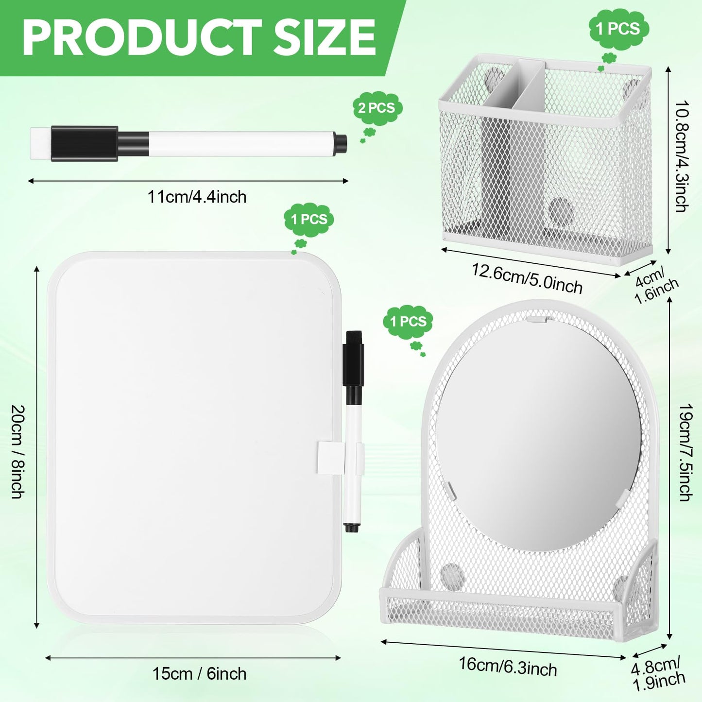 CroBlissful Set of 3 Magnetic Locker Accessories Include Mirror with Bottom Tray Magnetic Whiteboard with 2 Markers and Mesh Storage Basket for Students School Office Locker Organizer(White)