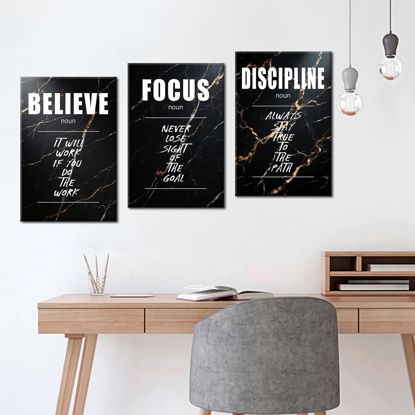 YSPCSUN Large 3 Piece Inspirational Wall Art for Office Walls Canvas Prints Black Marble Motivational Quotes Posters Framed Modern Business Executive Workspace Decor Ready to Hang, 48" x 24"