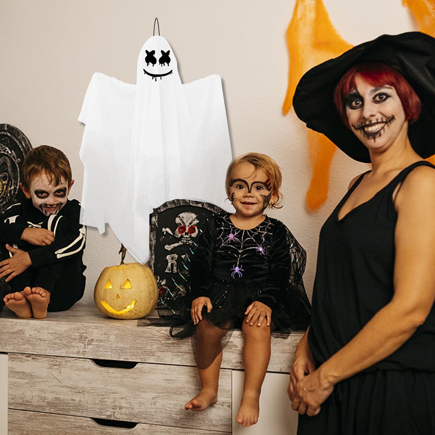 CCINEE 4 Pack Halloween Hanging Ghosts Decorations, 27.5“ and 35.5” Flying Outdoor Ghosts Assorted for Halloween Front Yard Patio Lawn Garden Party Supply