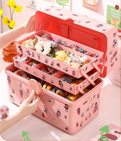 Hair Accessories Organizer for Girls Headbands, Clips, Ties,Baby Girl Supplies, Lockable Three-layer Folding Craft Organizers and Storage Plastic Kids Jewelry Box, Birthday Gifts for Little Girls