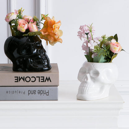 Tanvecle 2 Pcs Skull Planter Pots, Skeleton Vase/Bowl for Flowers, Succulent, Cactus and Candy, for Gothic Home Office Desk, Halloween and Day of The Dead Decorations - White and Black