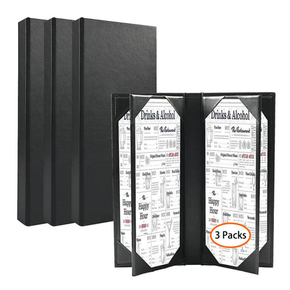 WFD.L 3 Packs Leather Menu Holder for 4.25x11 inch menus, Menu Covers Six Views Menu Covers for Restaurant Coffee Bars Hotel, Restaurant Covers 6 Views