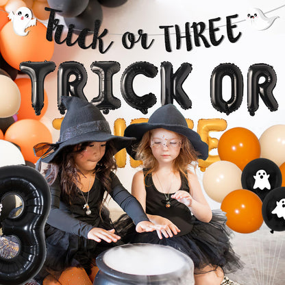 Trick or Three Theme Halloween 3rd Birthday Party Decorations Number 3 Trick or Three Foil Balloons Banner Garland Orange Black Cake and Cupcake Toppers for Halloween 3rd Birthday Party Decor Supplies