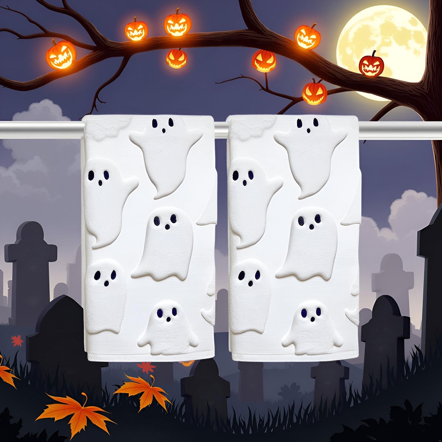 Xkdamai 2 Pack Halloween Hand Towels 100% Cotton Jacquard Ghost Halloween Kitchen Towels White Bathroom Towels Set Seasonal Bathroom Decor (White Ghost, Halloween)