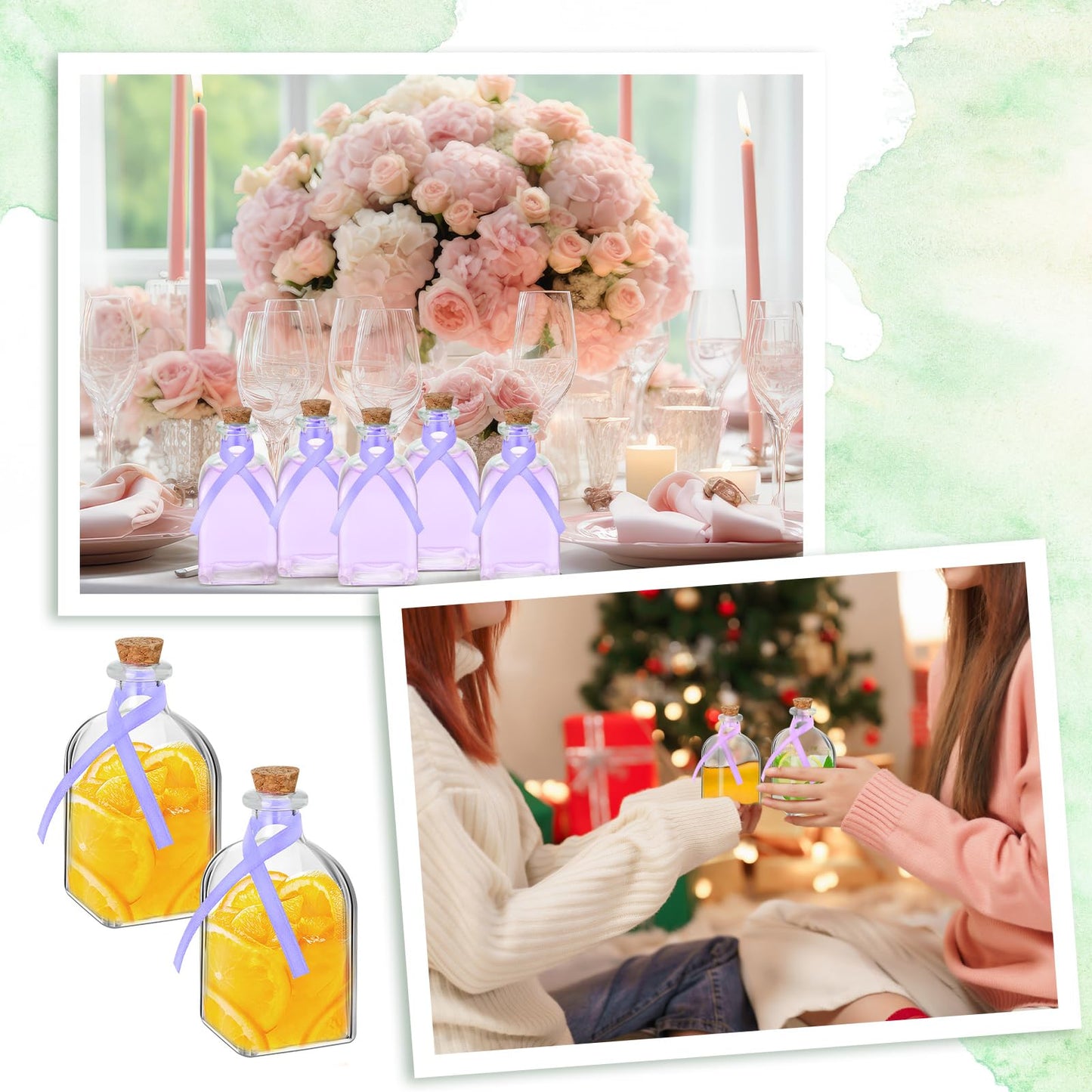 Baderke 12 Pcs Glass Bottles with Cork and Straw 4 oz Mini Empty Glass Bottle for Drinks Reusable Liquor Bottles with Silk Ribbon and Funnels for Cocktail, Wedding Party(Purple)