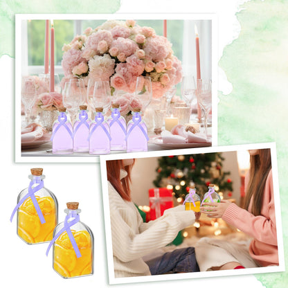 Baderke 12 Pcs Glass Bottles with Cork and Straw 4 oz Mini Empty Glass Bottle for Drinks Reusable Liquor Bottles with Silk Ribbon and Funnels for Cocktail, Wedding Party(Purple)