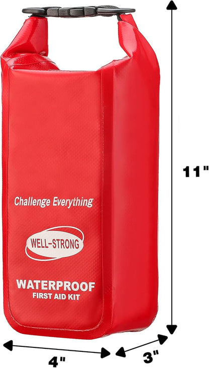 WELL-STRONG Boat First Aid Kit with Survival Tools, 123pcs Waterproof Emergency Marine Kit with Buckles, Compact Boat Safety Accessories for Fishing Kayaking Boating Camping Rafting Beach Red
