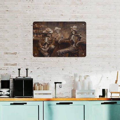 Metal Sign Poster 8x12 Inch Wild West Skeleton Cowboy in A Bar Oil Painting Print Western Wall Art Road Trip Gift Southwestern Cowboy Art Decor