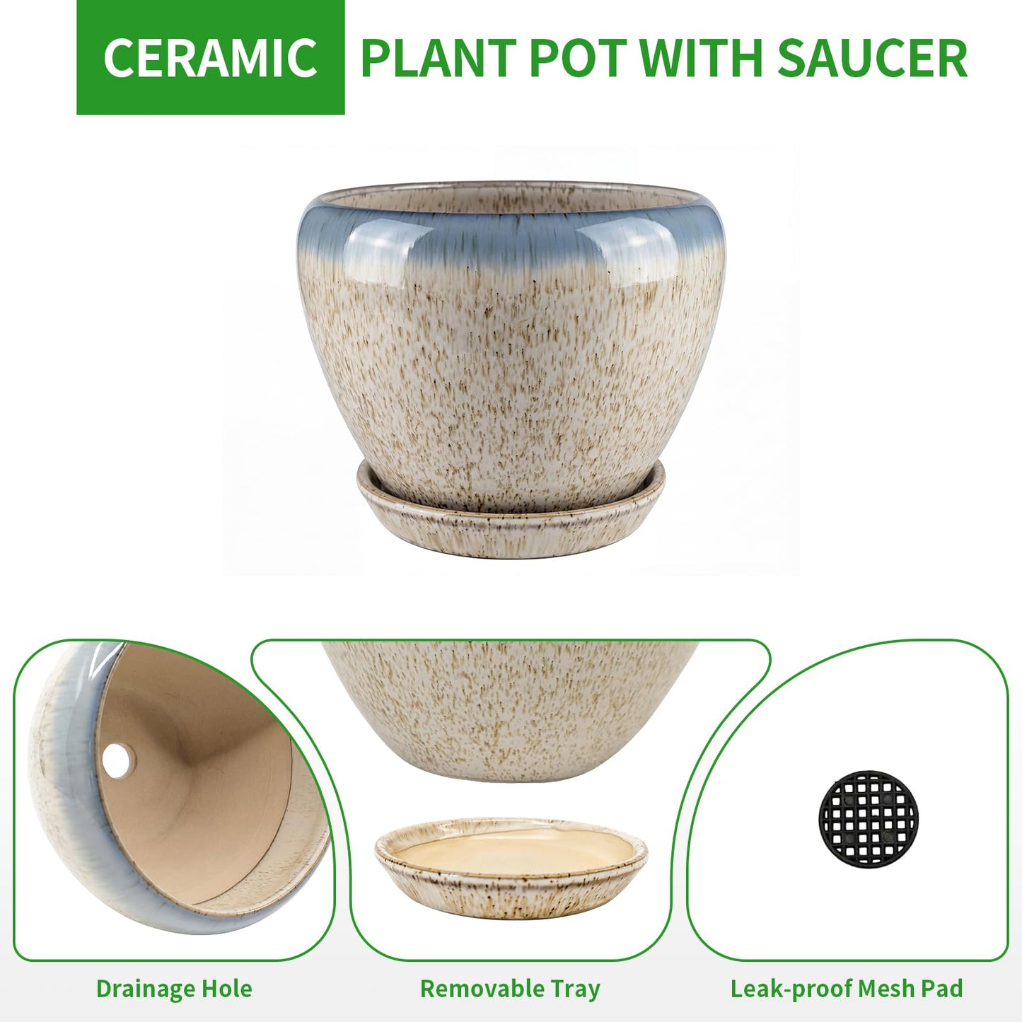 Deep Dream 6 Inch Plant Pots- Ceramic Planter Pot with Drainage Hole and Saucer, Round Flower Pot for Indoor Outdoor Succulent, Snake Plants and Cactus, Beige&Blue