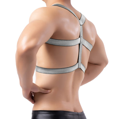 Man Harness Belt Body Chest Elastic Halter Nylon Shoulder Strap Club Wear Tops Black Silver