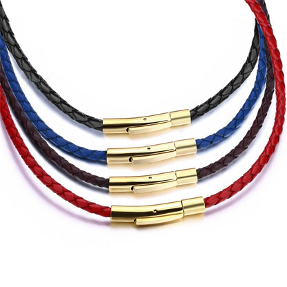 ELFASIO 3mm Mens Womens Red Braided Leather Cord Gold Stainless Steel Secure Clasp Necklace Chain 18 inch