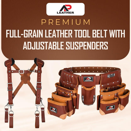 AP-LEATHER PRO-19 4MM Genuine Full Grain Leather Tool Belt for Men, tool belt with suspenders, Comfort Back Padded Support with Brass Hardware Tool Pouches With Suspenders (28 Pocket Tool Belt)