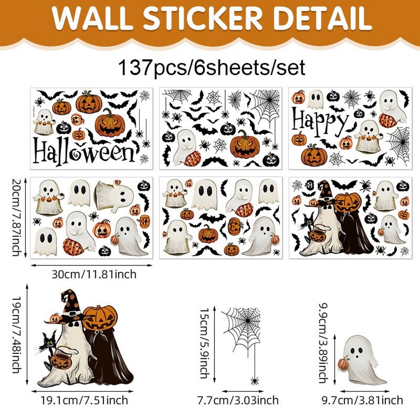 Halloween Ghost Window Clings for Glass 6 Sheets Cute Window Decals Spooky Window Stickers Pumpkin Spider Windows Cling for Halloween Fall Party Home School Office Glass Supplies Decorations