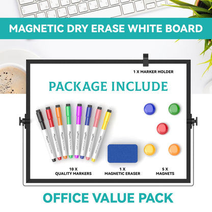 Dry Erase White Board, Cazeyoo Magnetic Desktop Whiteboard 16 x 12inch with Stand, 10 Markers, 4 Magnets and 1 Eraser, Portable Double-Sided White Board for Kids Drawing, Office, Home, School - Black