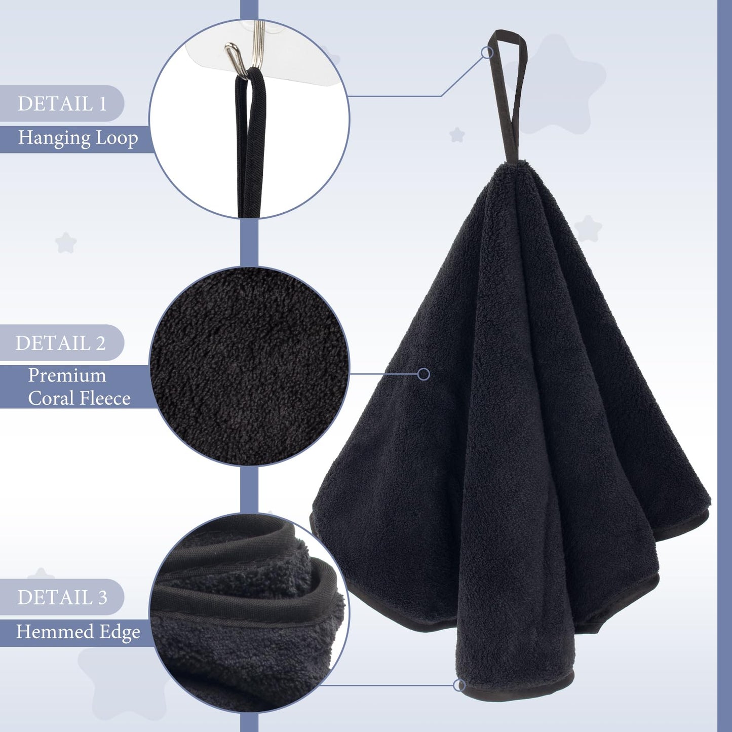 Hipruict Hanging Hand Towels with Loops, 4 Pcs Hand Towels for Kitchen, Absorbent and Soft Fiber for Quick Dry, Round Shape (Black)