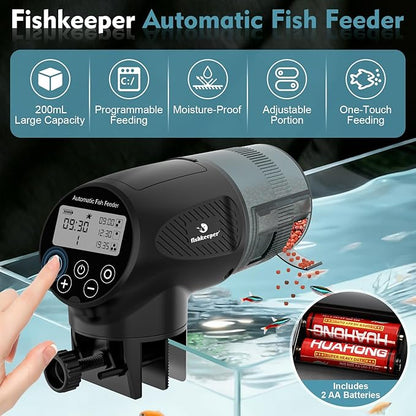 fishkeeper Automatic Fish Feeder for Aquarium: Moisture-Proof Auto Precision Feeders Dispenser with LCD Display for Small Tank Turtle Betta Koi - Battery Food Feeding Timer for Vacation Weekend Day