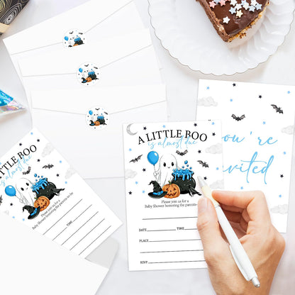 Smenudlli Blue A Little Boo Baby Shower Invitation, Halloween Invites Cards with Envelopes and Sticker (20 Pack), Cute Ghost Gender Reveal Party Decorations Supplies /22
