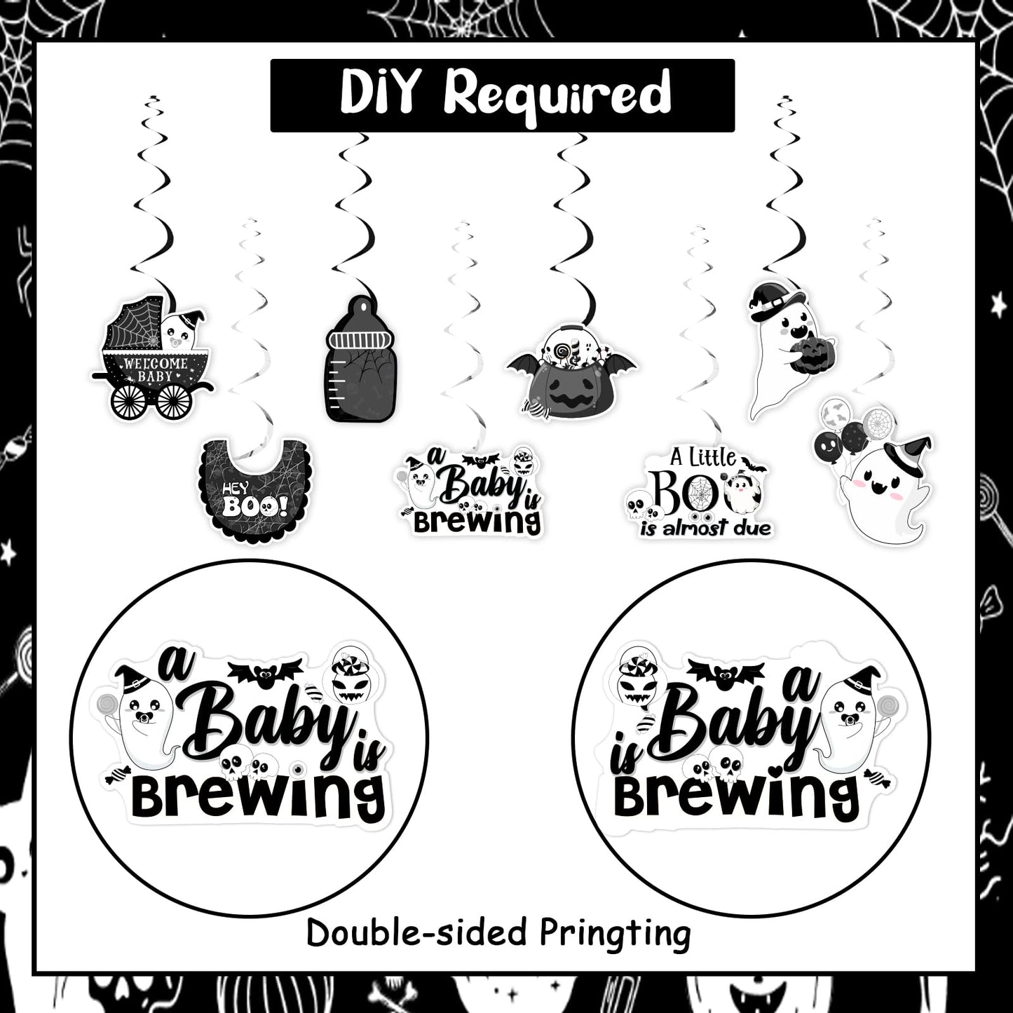 Kreatwow Halloween Baby Shower Decorations Black White 24pcs A Little Boo Is Almost Due Hanging Swirls A Baby Is Brewing Party Little Boo Party Decor Spooky Hanging Streamer for Pregnancy Celebration