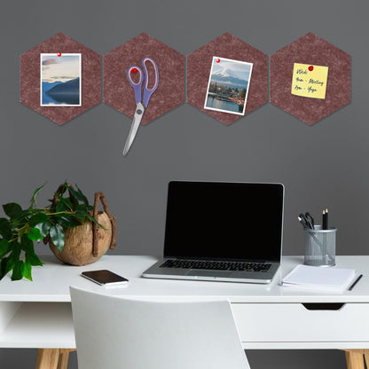 8 Packs Brown Hexagon Felt Pin Board, 12" Bulletin Board with 30 Push Pins, Felt Board for Home Kitchen Office Decor, Self-Adhesive Corkboard Tiles for Walls Message Photos Memos Display