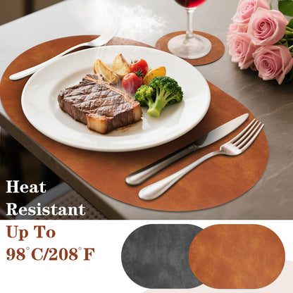 Pixieora Oval Placemats and Coasters Set of 6, Washable Reversible Faux Leather Placemats Cowhide Pattern Place Mats Wipeable Non-Slip 12 x 17 inch Kitchen Dining Table Mats (Gray Brown, 6)