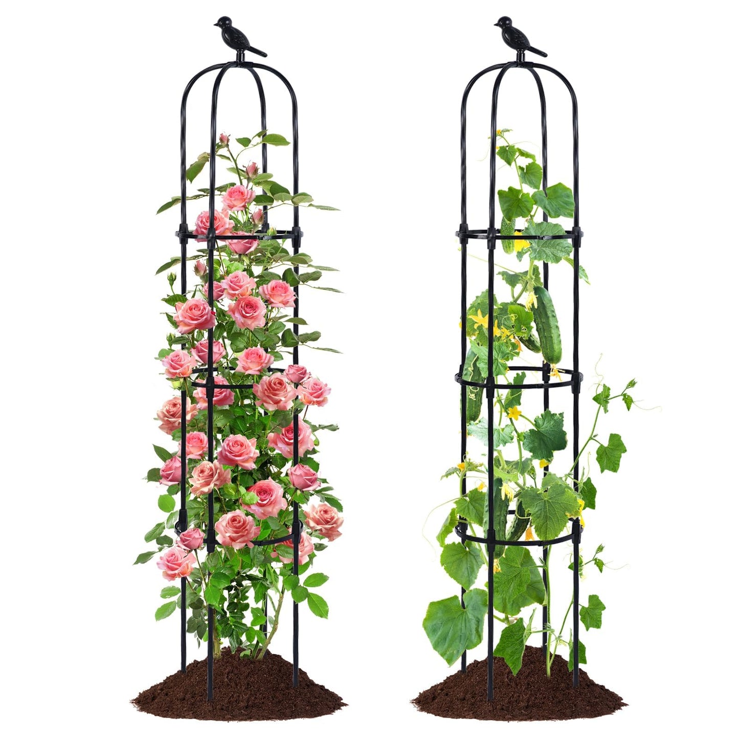 FOLLOOK Garden Obelisk Trellis for Climbing Plants Outdoor, Lightweight Climbing Plant Support Flower Roses Clematis Vegetable Light Vines Round Trellis for Raised Garden Bed Planter, Black, 2 Pack
