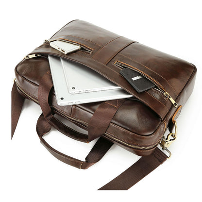 SHENGLAICAI 15.7 Inch Leather briefcases Laptop Messenger Bags for Men Best Office Shoulder Satchel Laptop Bag (Coffee)