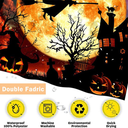 Mocsicka Halloween Shower Curtain Flying Witch Halloween Castle Bathroom Curtain Horror Orange Night Moon Polyester Fabric Shower Curtain Set 72x72 Inch with 12 Hooks