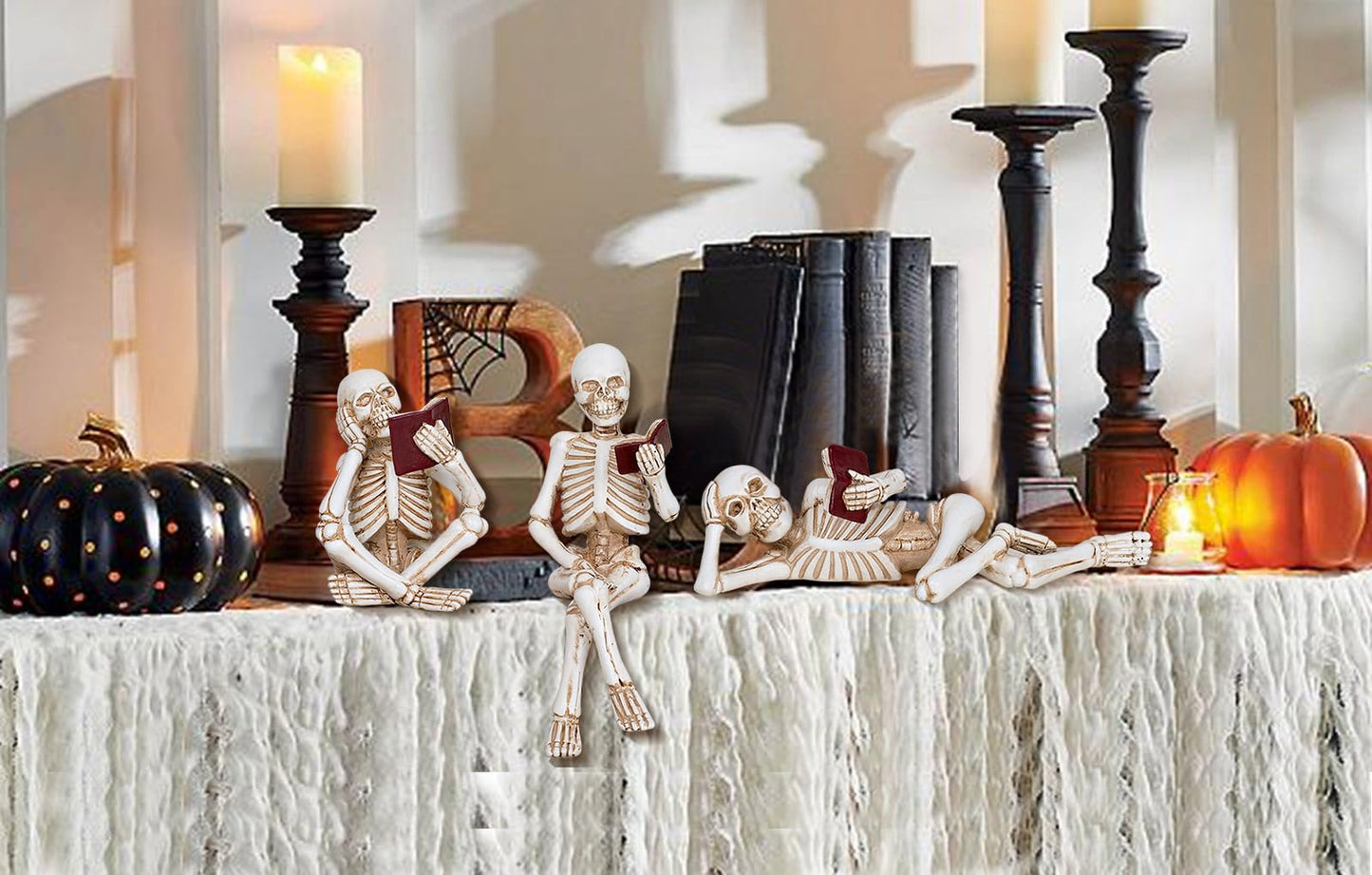 Dawbun 3 Piece Halloween Indoor Decor Figurines Sitting Skeleton Statue Halloween Decorations mini Reading Skull Figurine Home Decor for Living Room Table Shelf Ornament