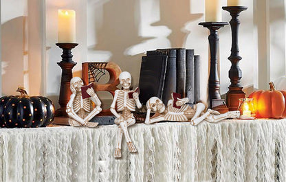 Dawbun 3 Piece Halloween Indoor Decor Figurines Sitting Skeleton Statue Halloween Decorations mini Reading Skull Figurine Home Decor for Living Room Table Shelf Ornament