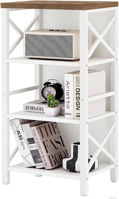 MNEETRUNG Small Bookshelf,4 Tier Industrial Bookcase with Metal Frame and Backboard,Narrow White Book Shelf,Book case for Small Spaces,Living Room,Bedroom and Home Office