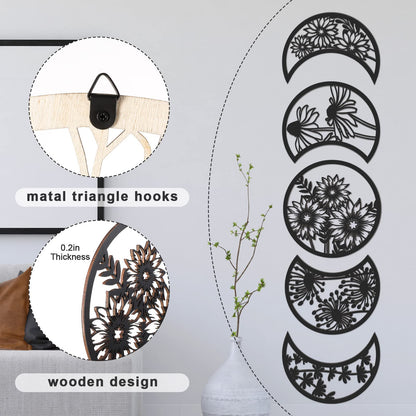 Jetec 5 Pcs Moon Phase Wall Art Decor Wall Pediments Hanging Wooden Phase Spiritual Bedroom Nordic Boho Lunar Aesthetic Art for Living Room Dorm Apartment Ornament (Black)