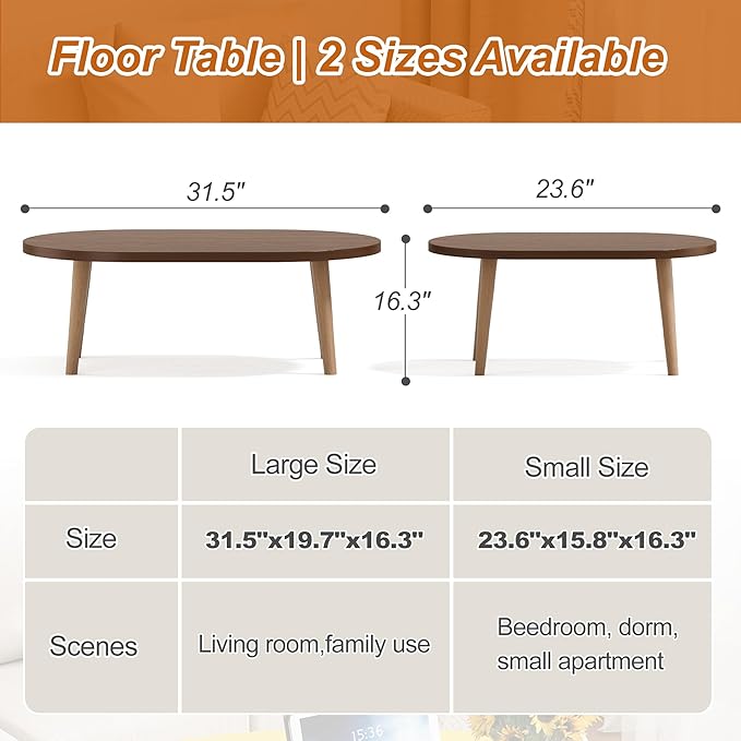 Coffee Table Low Table with Solid Wood Legs, 31.5x19.7 Large Coffee Table Side Table, Floor Table Desk for Sitting on The Floor, Living Room Furniture for Office Apartment Home, Oval Walnut
