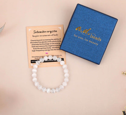 AD Beads Handmade Gemstone Stretch Elastic Bracelet Crystal Healing Reiki Nature's Beauty and Spiritual Essence Unisex (4mm, Selenite Crystal (Inspire Treatments))