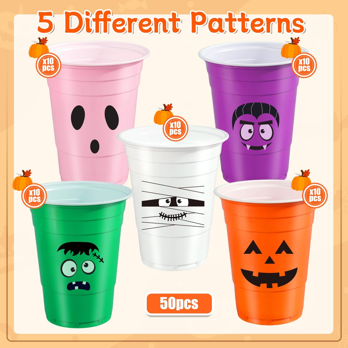 50 Pack Halloween Plastic Cups - Colorful 16Oz Disposable Drinking Cups, Vampire Mummy Monster Ghost Pumpkin Party Cups for Halloween Party Favors Coffee Wine Hot Cold Drinks (5 Designs)