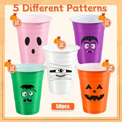 50 Pack Halloween Plastic Cups - Colorful 16Oz Disposable Drinking Cups, Vampire Mummy Monster Ghost Pumpkin Party Cups for Halloween Party Favors Coffee Wine Hot Cold Drinks (5 Designs)