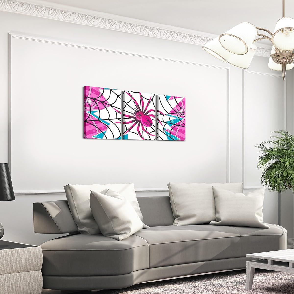 Pink Spider Canvas Wall Artwork Decor,Black Spider Web Halloween Gothic Trippy Girls Boys Bedroom Wall Painting,Stars Stripe Geometric Poster Pictures,Unique 3 Pieces Framed Canvas Wall Art