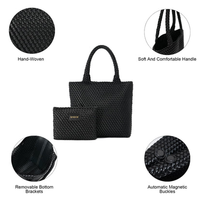 BAGOK Woven Tote Bag for Women, Handwoven Vegan Leather Shoulder Bag with Zipper Clutch, Large Tote Purse for Work, Travel, Beach & Weekend Getaway