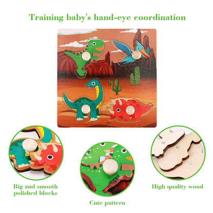 Wooden Peg Puzzles for Toddlers 1-3, Kids Educational Preschool Peg Puzzle Toy Ages 2-4, Set of 4 Dinosaur Toddler Puzzles, Ideal Gift for Ages 1 2 3 4 Boys and Girls
