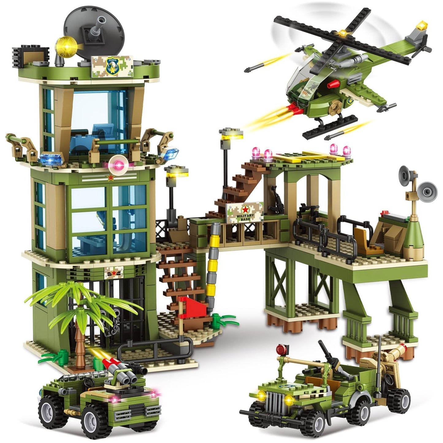 City Military Base Building Block, Compatible with Lego Military Base, Army Toy with War Helicopter, Marine Artillery Vehicle, Police Car, Gift for Kid 6 7 8 9 10 11 12 13 14 Years Old (811 Pieces)