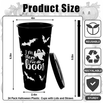 JarThenaAMCS 24Pcs Halloween Plastic Cups with Straws Lids 24oz Reusable Ghost Bat Pumpkin Spider Web Plastic Tumbler Black White Cold Cups for Halloween Home Office Party Supplies