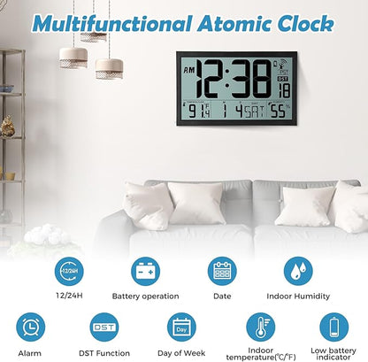 Amgico Digital Wall Clock,16.7" Large Display Atomic Clock, Battery Operated,Digital Calendar Auto Setting with Indoor Temperature, Humidity,Date,Day,Auto DST Desk Clock for Elderly Bedroom Classroom