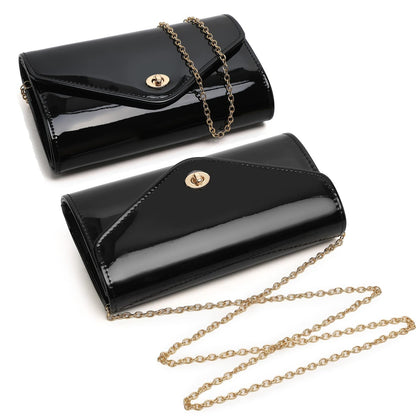 Patent Leather Envelope Clutch Womens Evening Handbag Stylish Shoulder Crossbody Bag for Dating Wedding Party Prom (Black 3008)