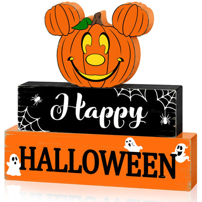 Halloween Mouse Wooden Table Signs Pumpkin Decor, 3PCS Happy Halloween Freestanding Rustic Tabletop Decorative Signs, Halloween 3-Layered Tiered Tray Blocks Centerpiece Indoor Home Decorations