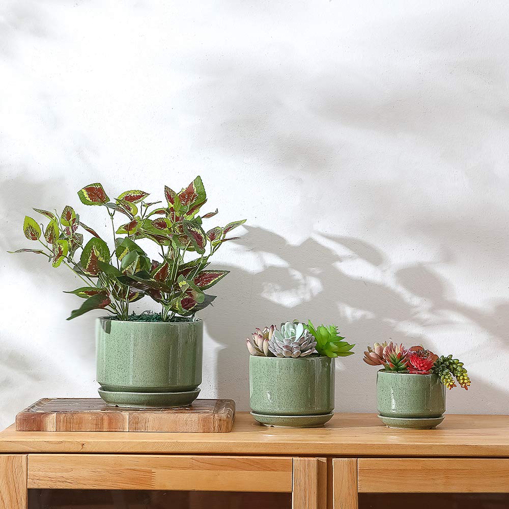 Yishang Succulent Plant Pots,6.7+5.3+4.1 in Glazed Ceramic Planters with Connected Saucers, Round Modern Ceramic Flower pots - Small to Large Sized Plant pots for All House Plants