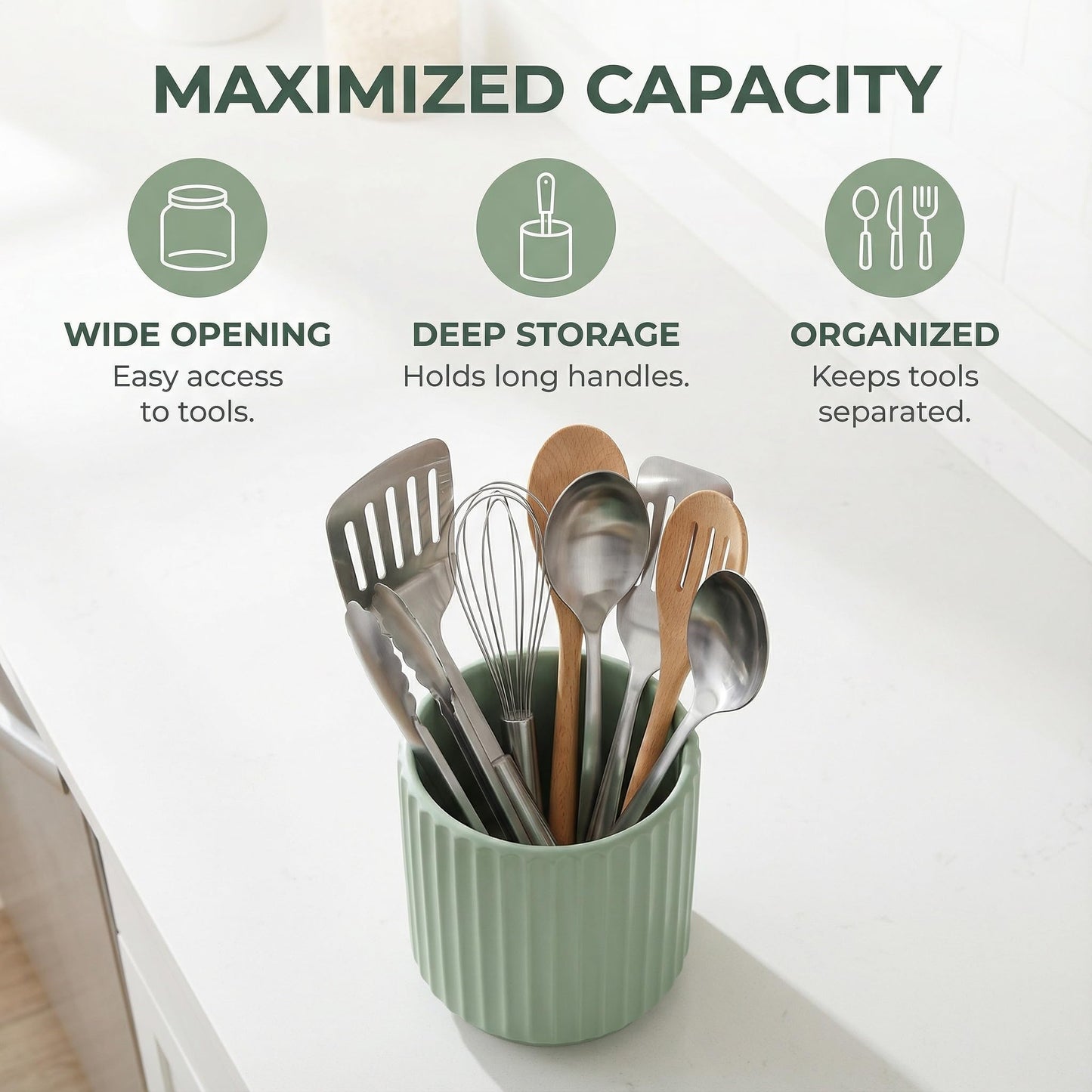 MONOSUGO Black Utensil Holder (H5.51” x W4.92”), Ceramic Utensil Crock, Cooking Spoon Holder for Kitchen, Spatula Holder for Counter, Includes Silicone Drying Mat, Black