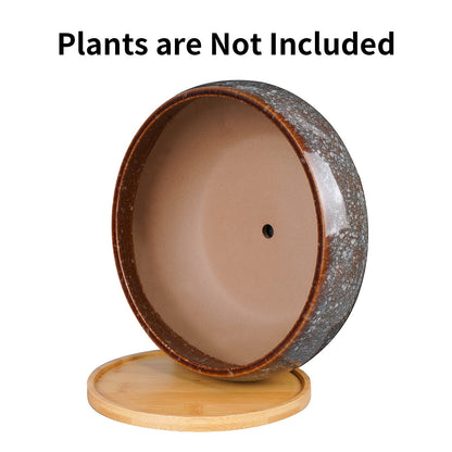 EPFamily 8 Inch Ceramic Bonsai Planter Pot, Glazed Shallow Succulent Planter with Drainage Hole and Bamboo Saucer for Indoor Plants, Green