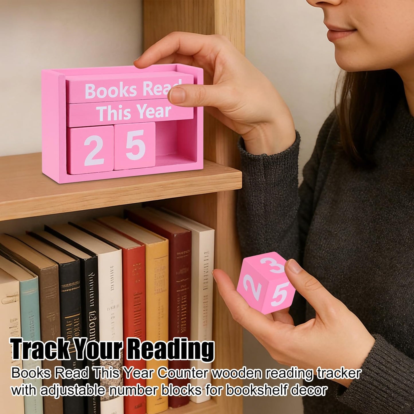 Books Read This Year Counter - Wooden Reading Tracker Block, Adjustable Book Count Display, Pink Book Lover Decor for Bookshelf Desk Library Reading Goals Gift (Pink)