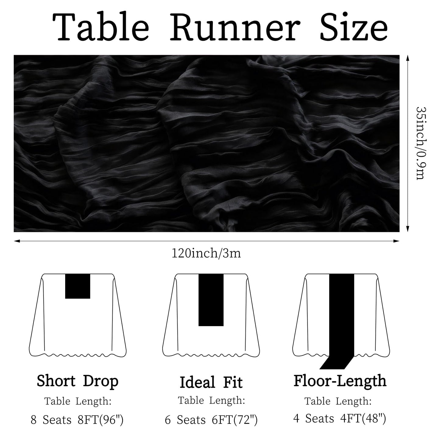 3 Pcs Black Cheesecloth Table Runner 35"×120" - 10FT Halloween Gauze Sheer Table Runner,Boho Rustic Table Runner,Table Decorations for Graduation, Birthday, Holiday Decor
