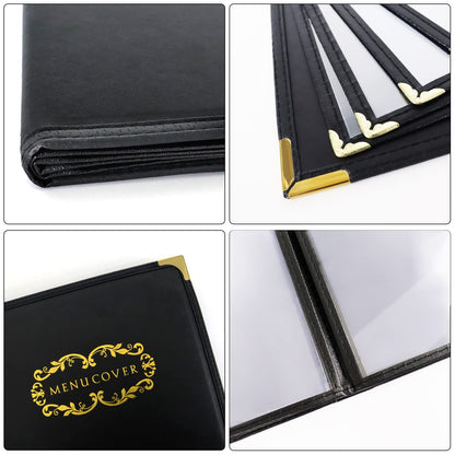 Menu-Covers 8.5 X 11 inch Restaurant - 2 Pack Menu Holder 4 Page 8 View Premium Faux Leather Transparent Black for Bar Cafe Book Folder